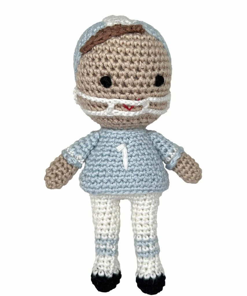 Football Player Bamboo Crochet Rattle - Blue & White - Petit Ami & Zubels All Baby! Toy