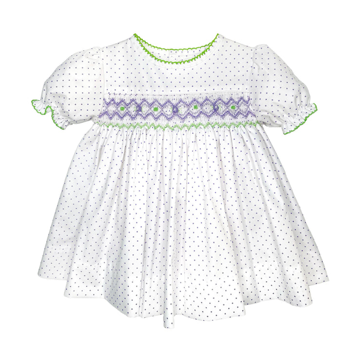 Lavender Dot Print Dress with Corded Hand Smocking