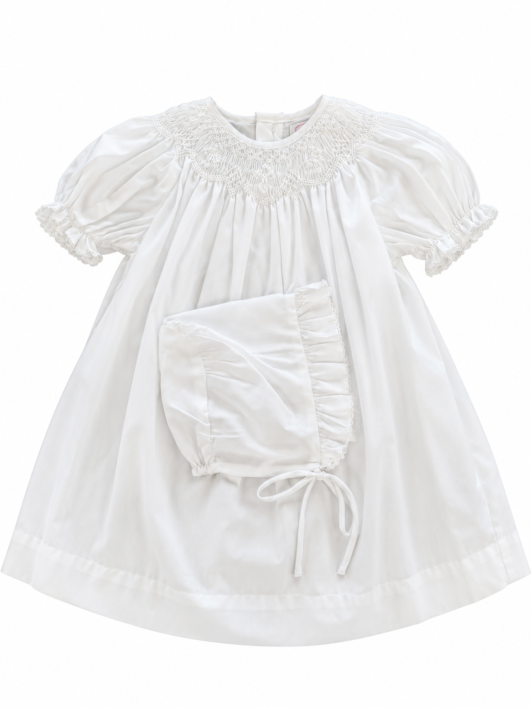 White bishop smocked christening dress with smocked crosses