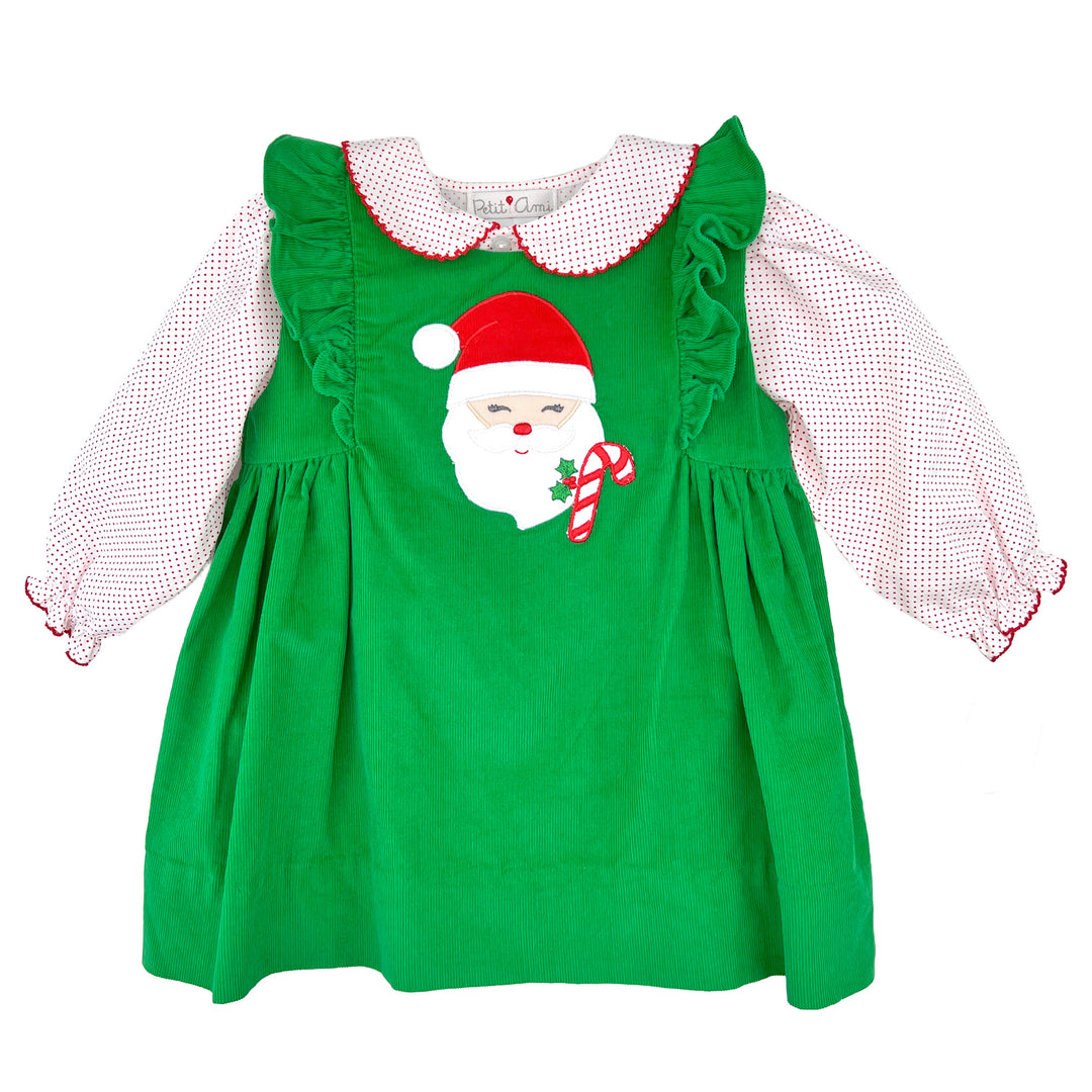 Baby girl Santa appliqué green corduroy jumper with red dot shirt