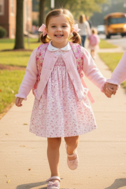 Pink Floral Print Dress with Corded Smocking