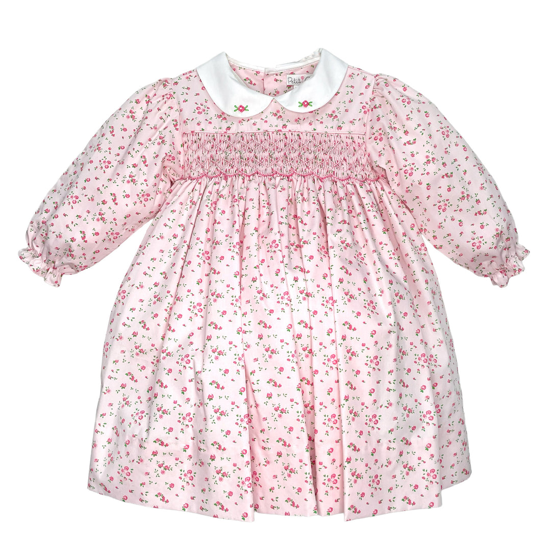 Pink Floral Print Dress with Corded Smocking