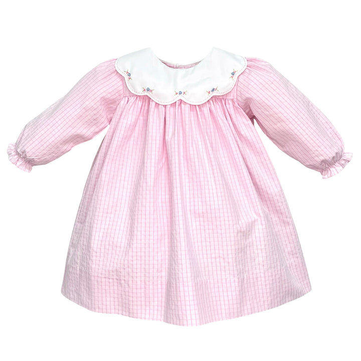 Embroidered Collar Pink Check Dress
