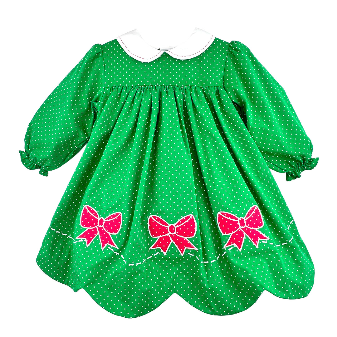 Green Dot Dress with Red Bow Appliques