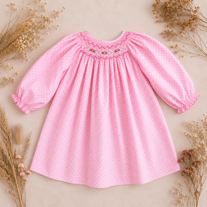 Pink Dot Dress with Partial Bishop Smocking