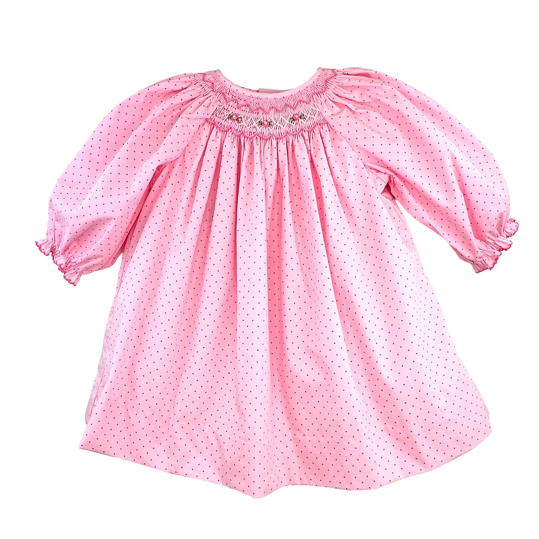Pink Dot Dress with Partial Bishop Smocking