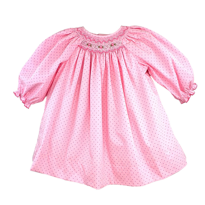 Pink Dot Dress with Partial Bishop Smocking