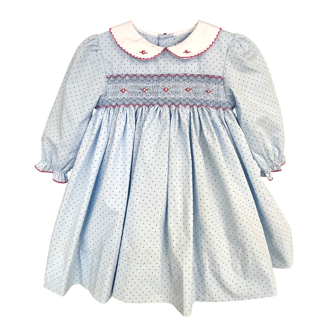 Blue Dot Print Dress with Corded Smocking