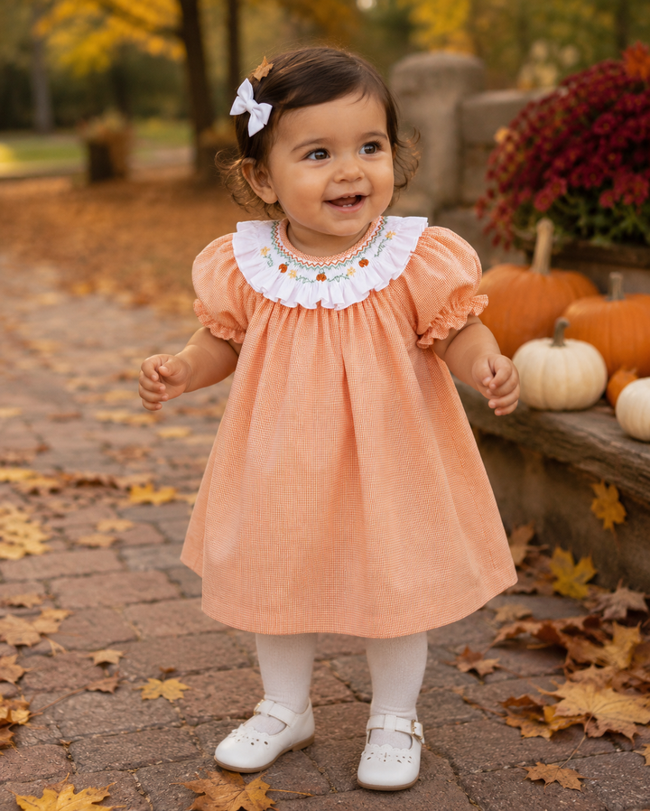 Dress with Smocked Collar and Bullion Pumpkins