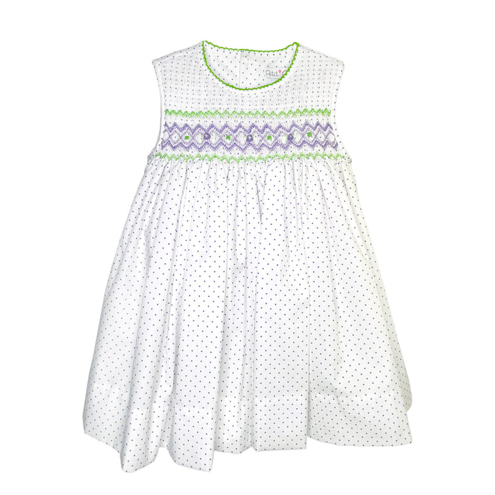 Lavender Dot Print Sleeveless Dress w/ Corded Hand Smocking