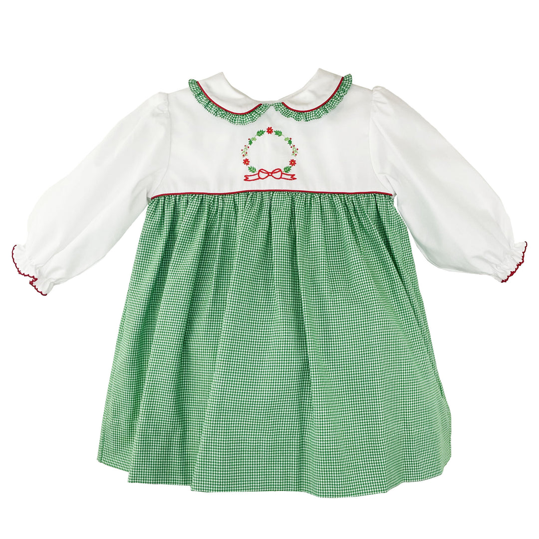 Holiday Wreath Hand Embroidered Dress | Petit Ami Girls Fall & Winter 24M / Green Holiday Wreath Hand Embroidered Dress | Petit Ami Girls Fall & Winter 24M / Green