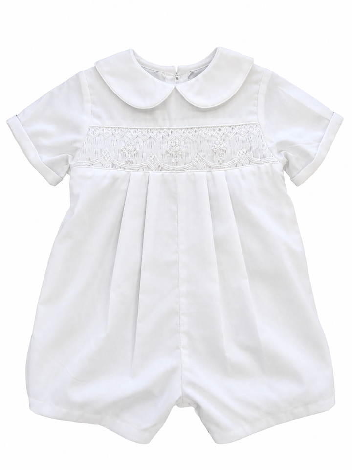 Smocked Christening Romper with Crosses