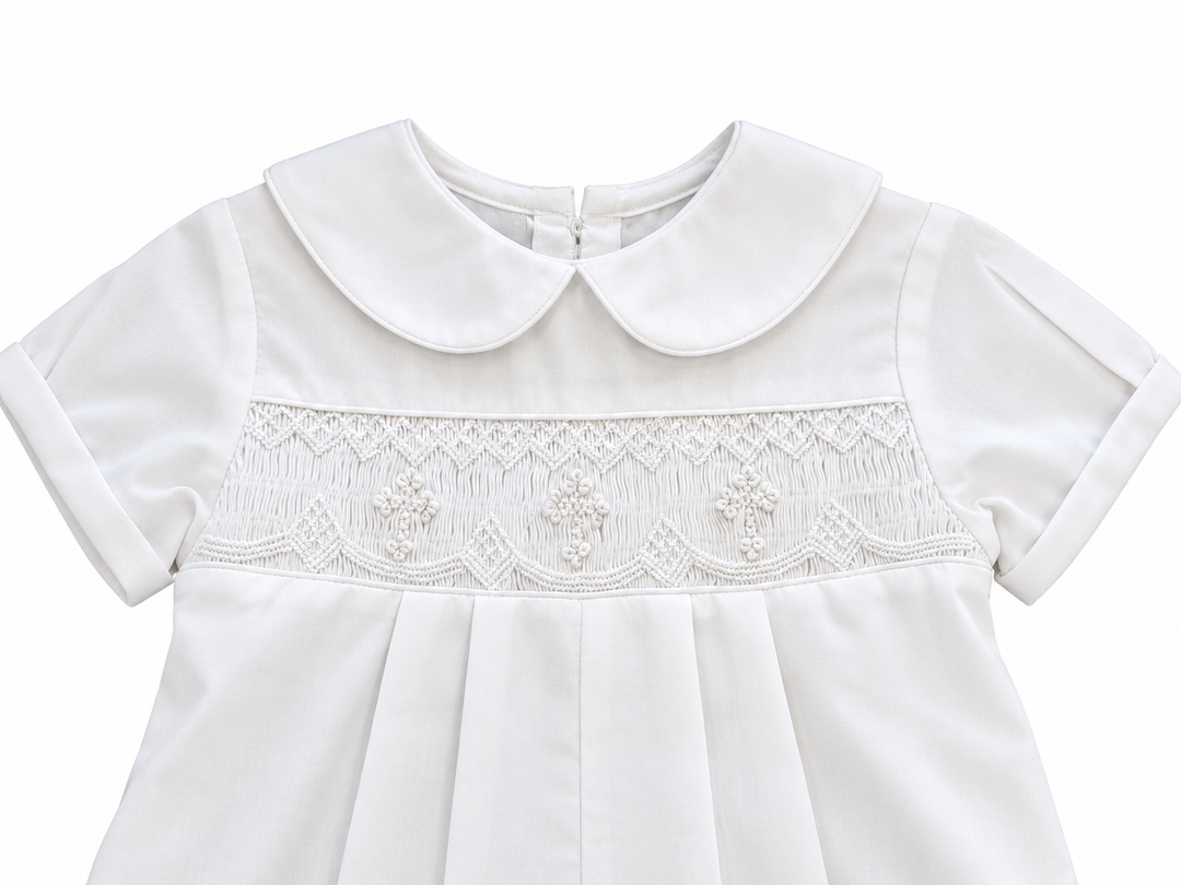Smocked Christening Romper with Crosses