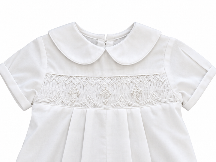 Smocked Christening Romper with Crosses