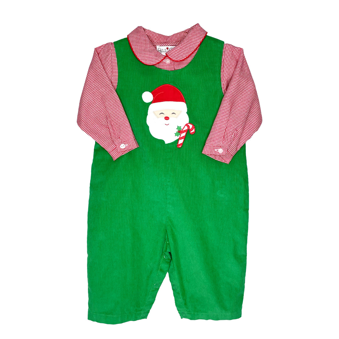 Boys green corduroy Santa longall with red houndstooth shirt