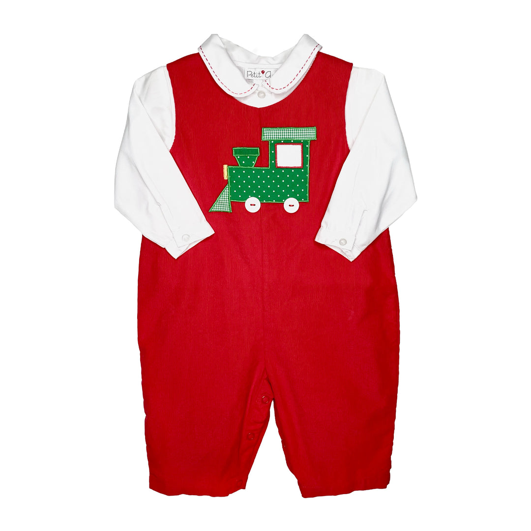 Boys red corduroy longall with green train appliqué