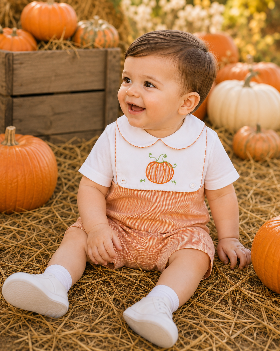 Construction Romper with Removeable Pumpkin Bib