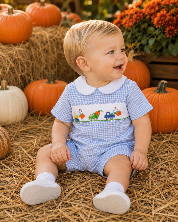 Hand Picture Smocked Construction Pumpkin Romper