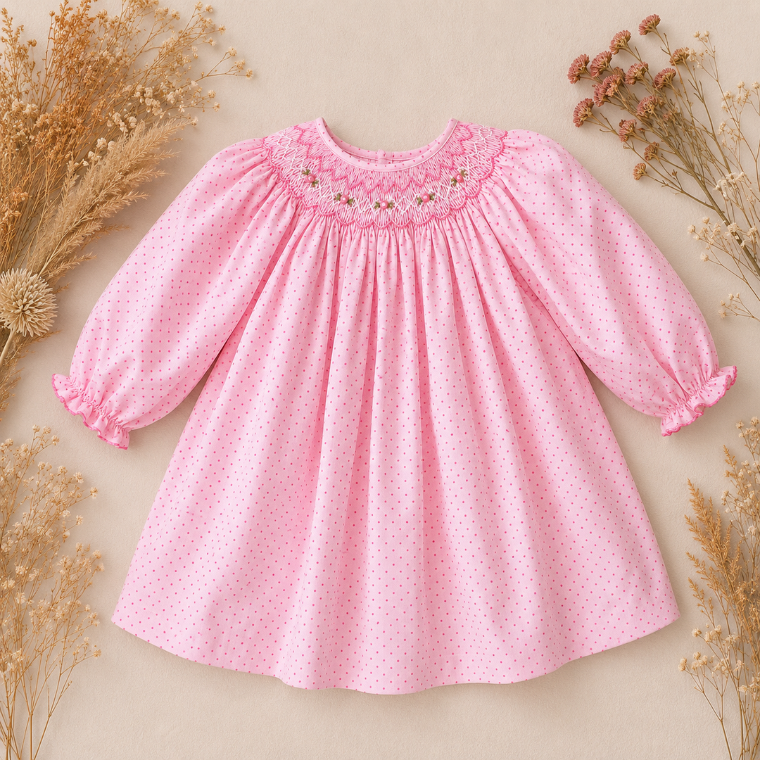 Pink Dot Dress with Bishop Smocking