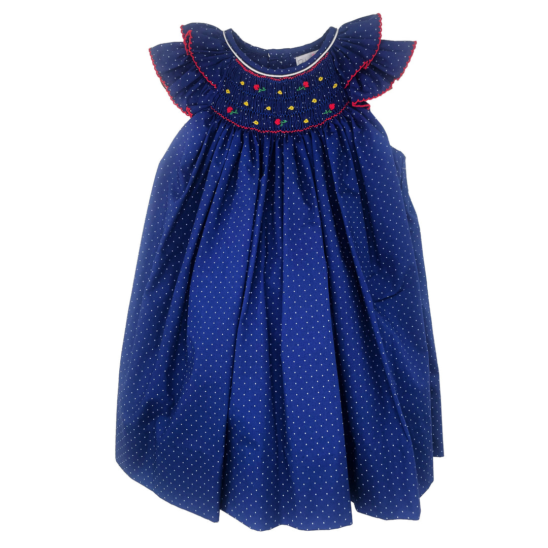 Dress with Bishop Smocking in Navy Dot Fabric | Girl's Spring & Summer Collection 18M / Navy Dress with Bishop Smocking in Navy Dot Fabric | Girl's Spring & Summer Collection 18M / Navy