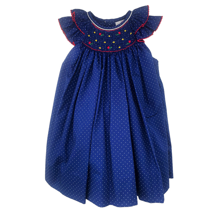 Dress with Bishop Smocking in Navy Dot Fabric