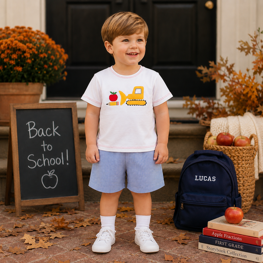 Shirt &amp; Short Set with Apple &amp; Bulldozer Applique