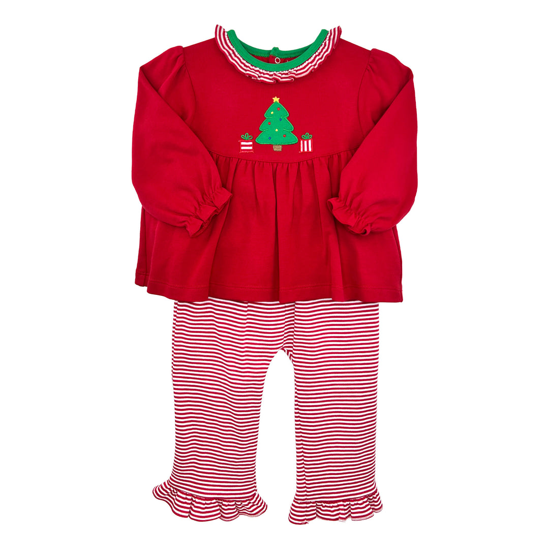 Christmas Tree Applique Top &amp; Pant Set with Ruffle Collar