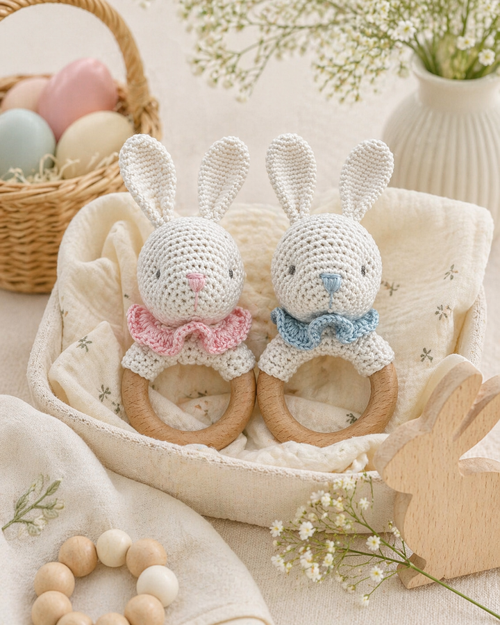 Bunny Bamboo Crochet Woodring Rattle in Pink