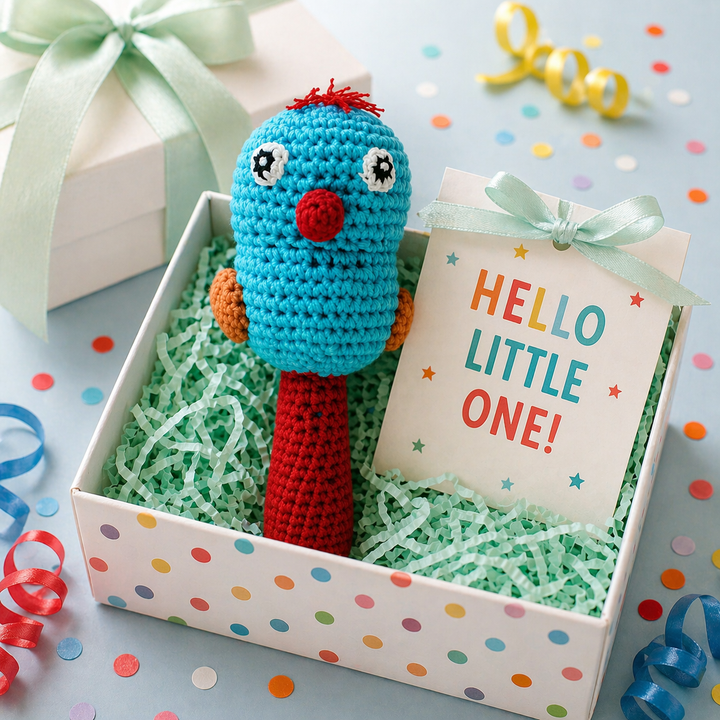 Bird Crochet Stick Rattle in Blue