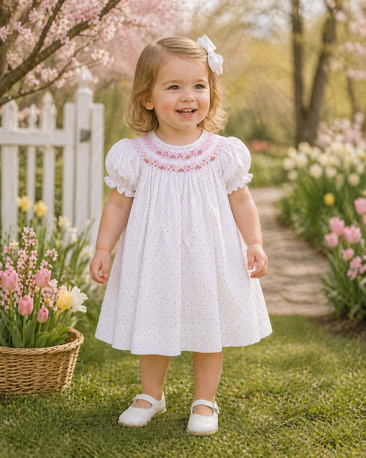 Dress with Hand Bishop Smocking and Embroidered Daisies