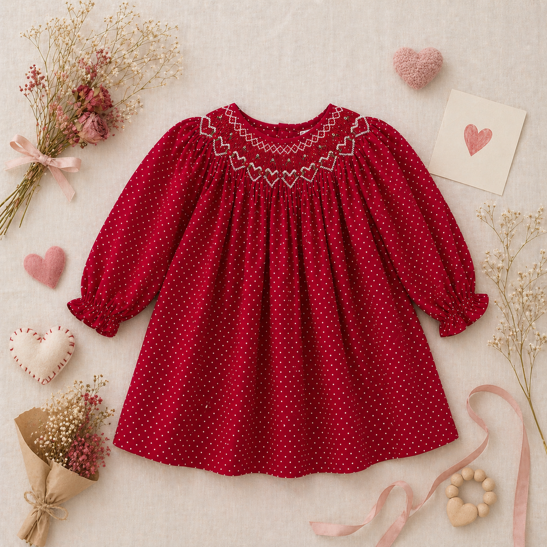Dress with Heart Shaped Bishop Smocking in Red
