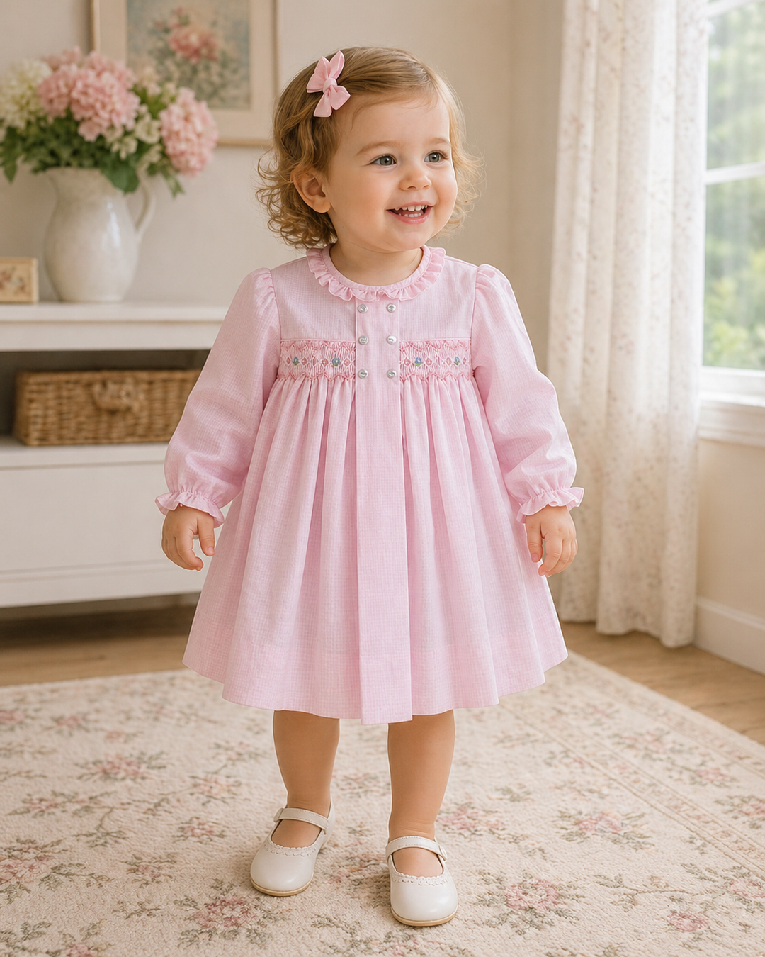 Dress with Center Box Pleat and Smocking