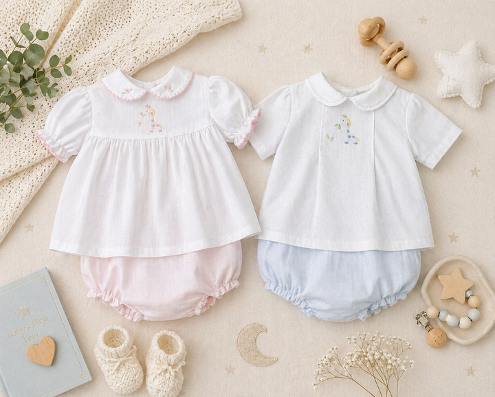 Embroidered Giraffe Diaper Set in Blue
