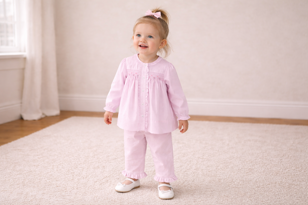 Top &amp; Pant Set with Floral Bishop Smocking