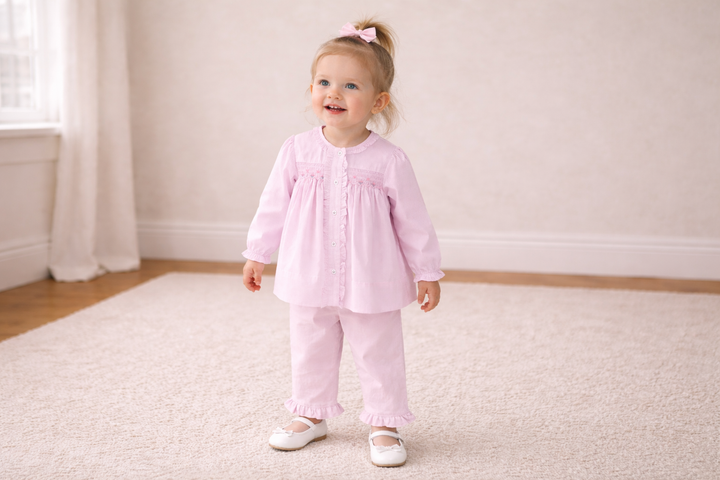 Top &amp; Pant Set with Floral Bishop Smocking