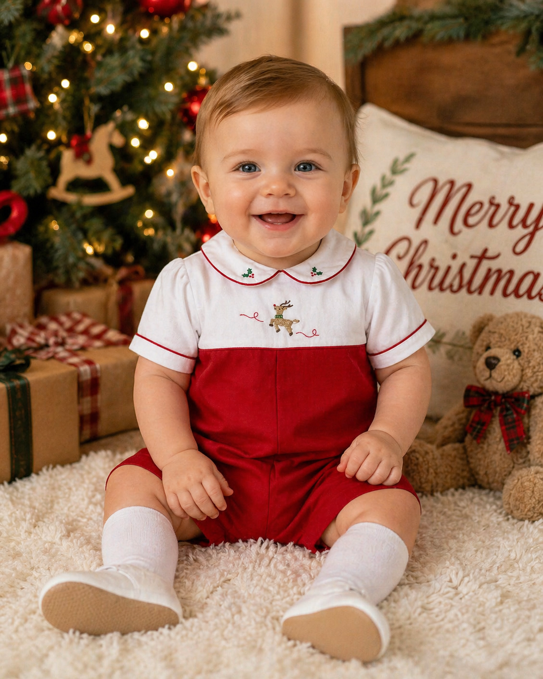 Holiday Romper with Reindeer Embroidery