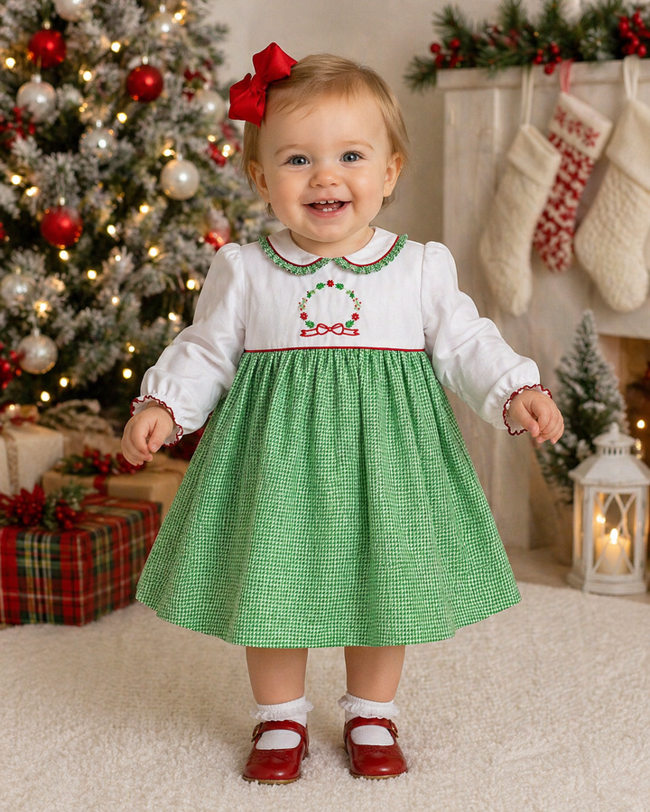 Holiday Wreath Hand Embroidered Dress