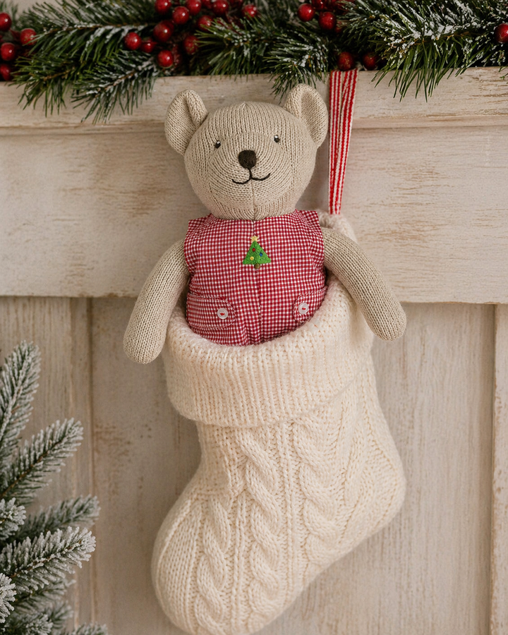 Knit Bear Doll with Red Check Romper