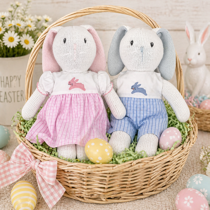 Knit Bunny Doll with Embroidered Blue Romper
