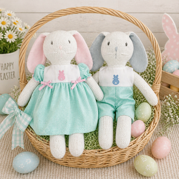 Knit Bunny Doll with Mint Check Romper