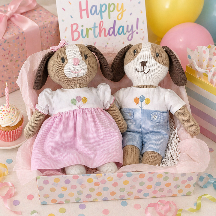 Knit Dog Doll with Birthday Embroidered Dress