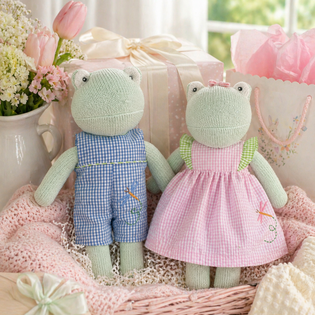 Knit Frog Doll with Blue Check Dragonfly Romper