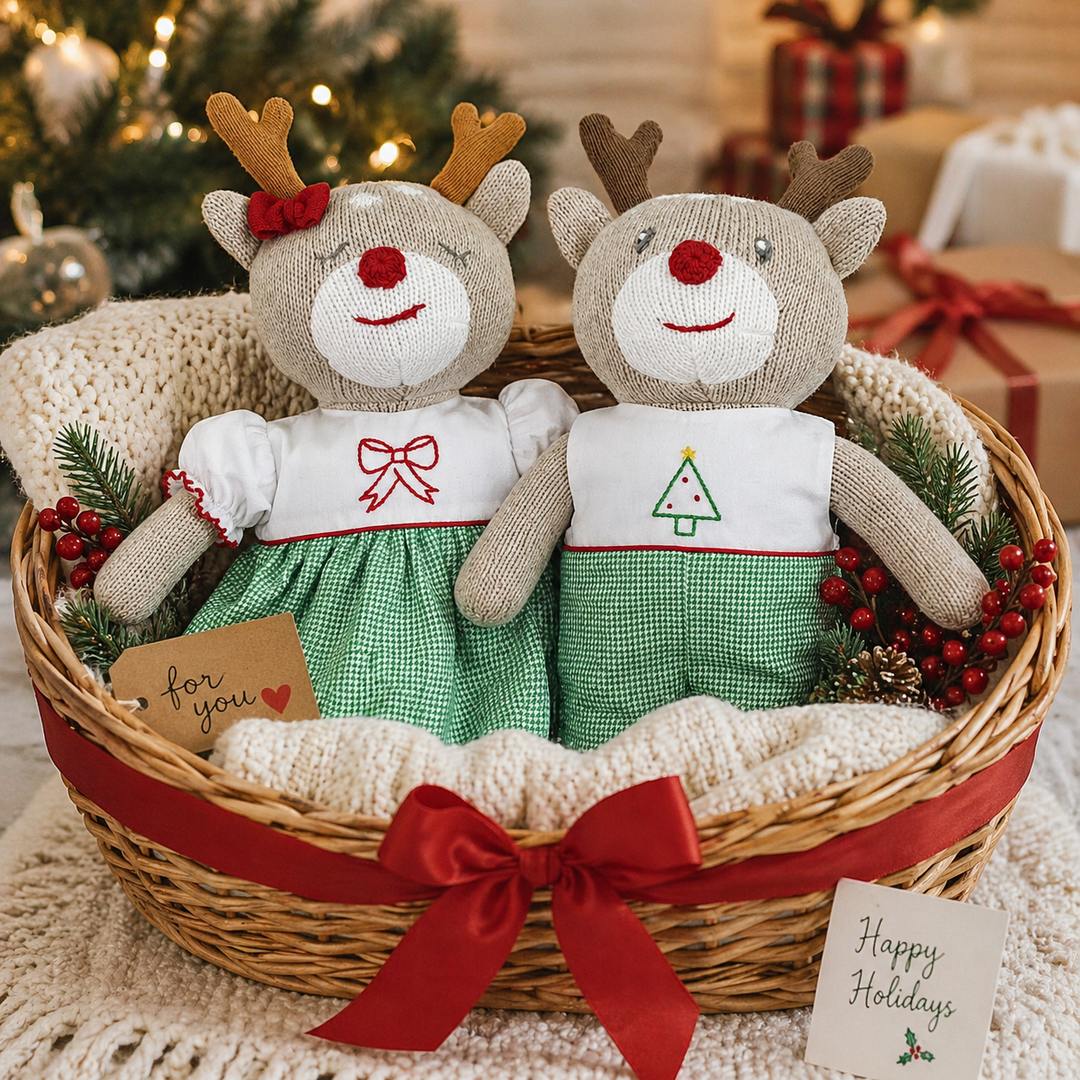 Knit Reindeer Doll with Embroidered Green Check Romper