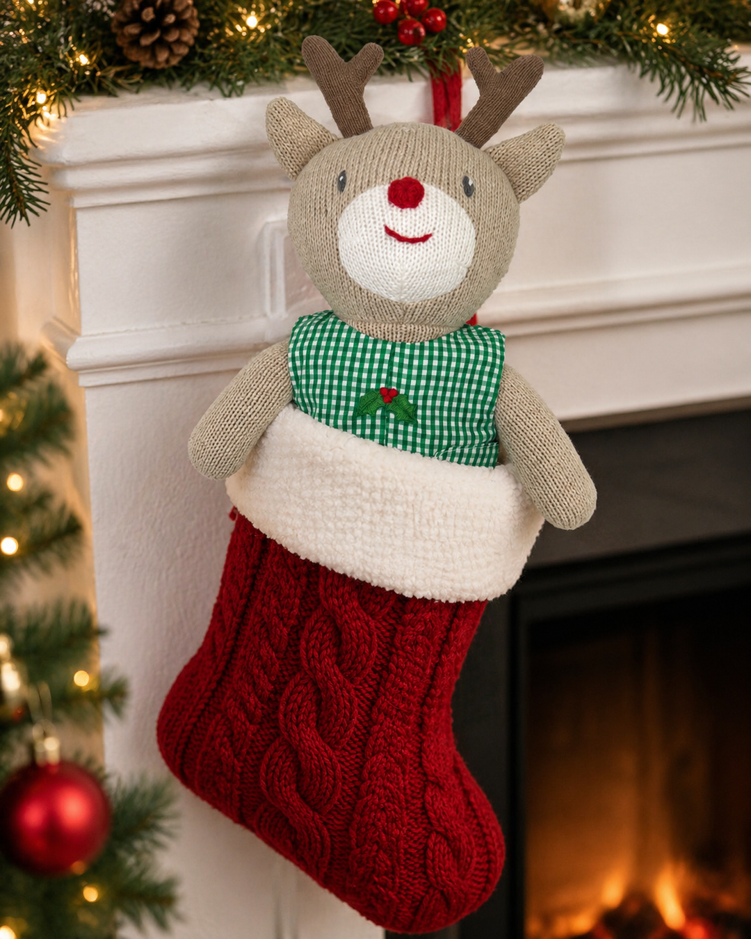 Knit Reindeer Doll with Green Check Romper