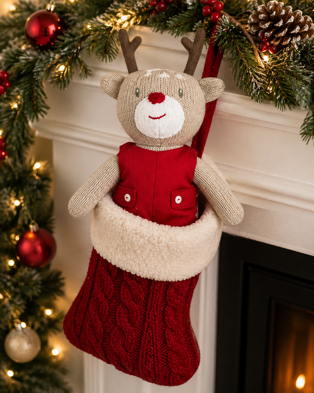 Knit Reindeer Doll with Solid Red Romper