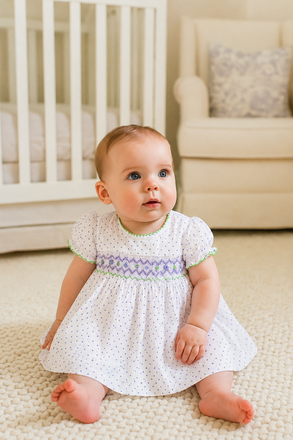 Lavender Dot Print Dress with Corded Hand Smocking