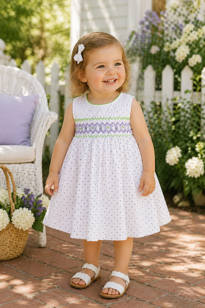 Lavender Dot Print Sleeveless Dress w/ Corded Hand Smocking