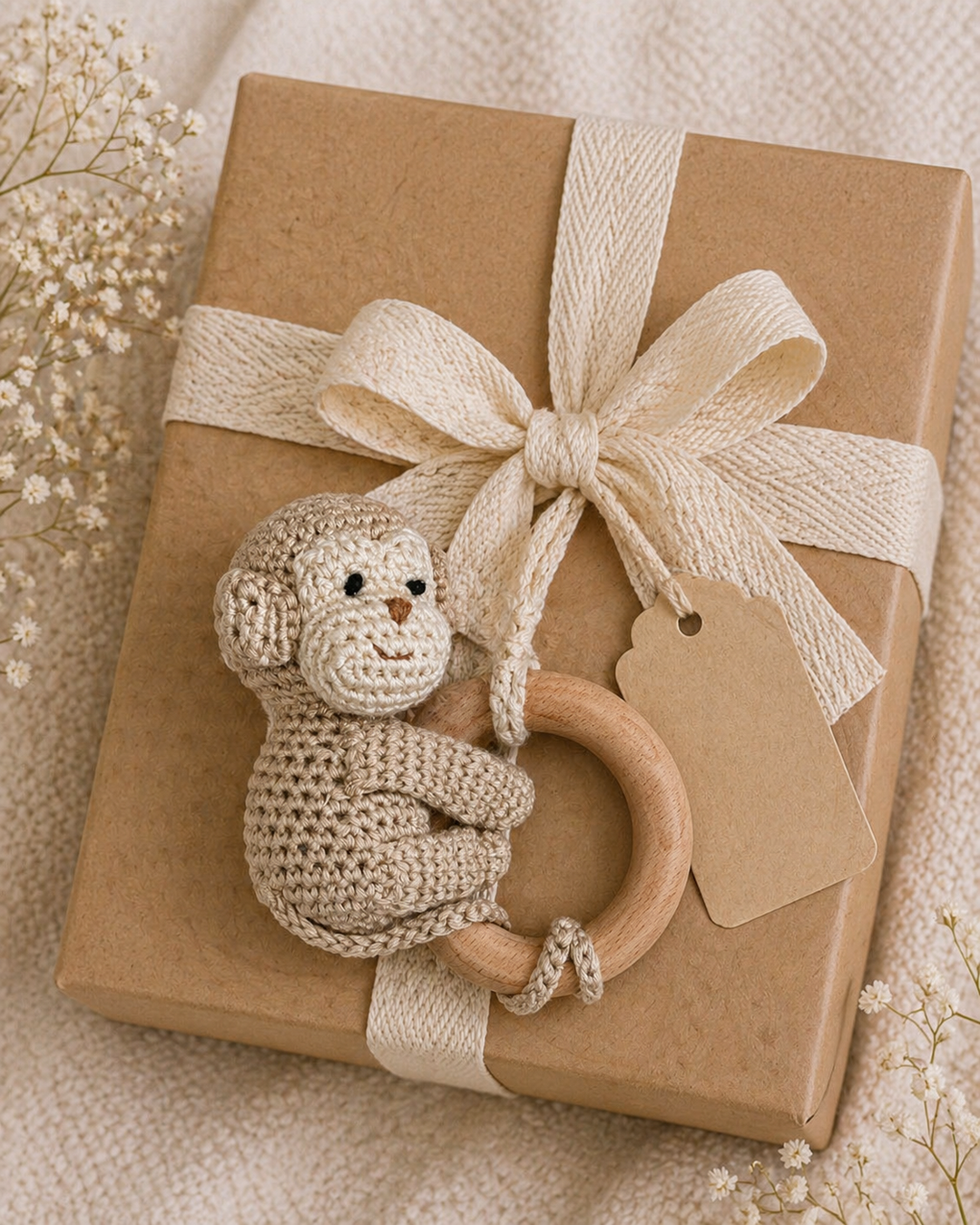 ダイアモンドベビーRingk18 Monkey Bamboo Crochet Woodring Rattle | Organic Bamboo Rattles