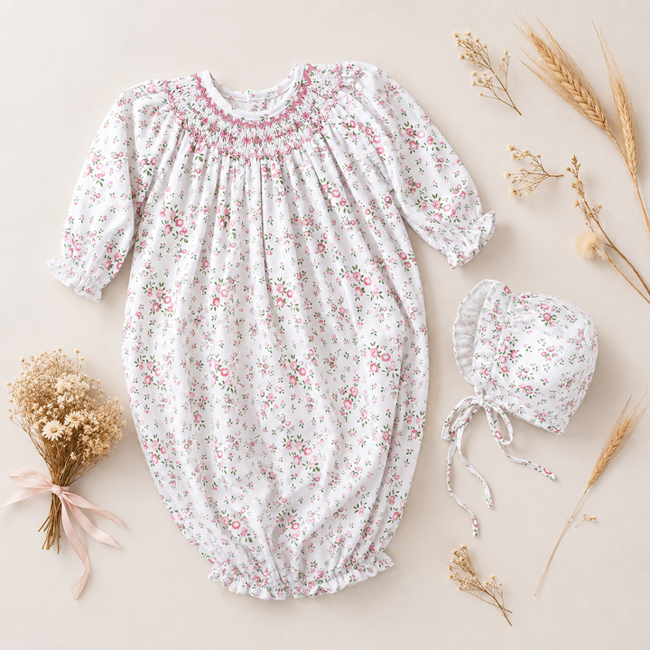 Floral Print Bishop Smocked Bag &amp; Hat