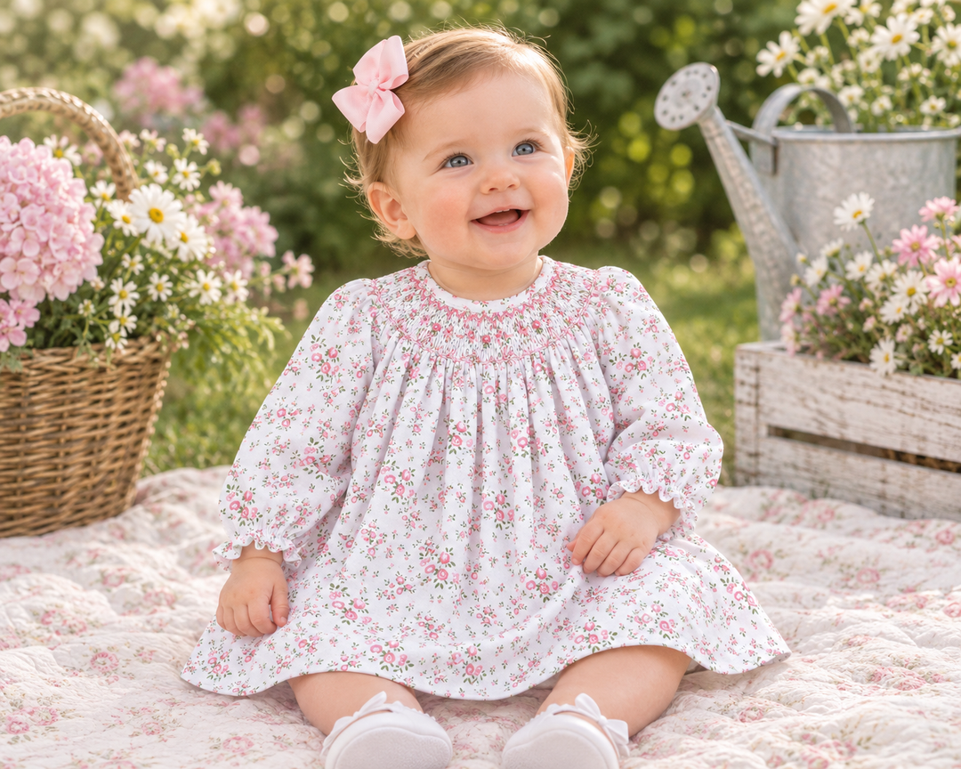 Floral Print Bishop Smocked Dress